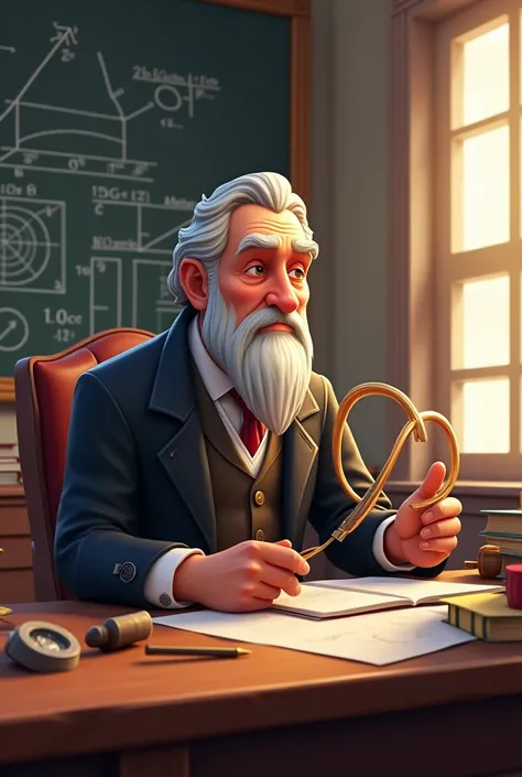  A cartoon character in fortnite style, similar to August Möbius, the 19th-century mathematician, depicted in a detailed study setting. Show him as an older man with a thoughtful expression, wearing a traditional dark suit from the 1800s, surrounded by boo...