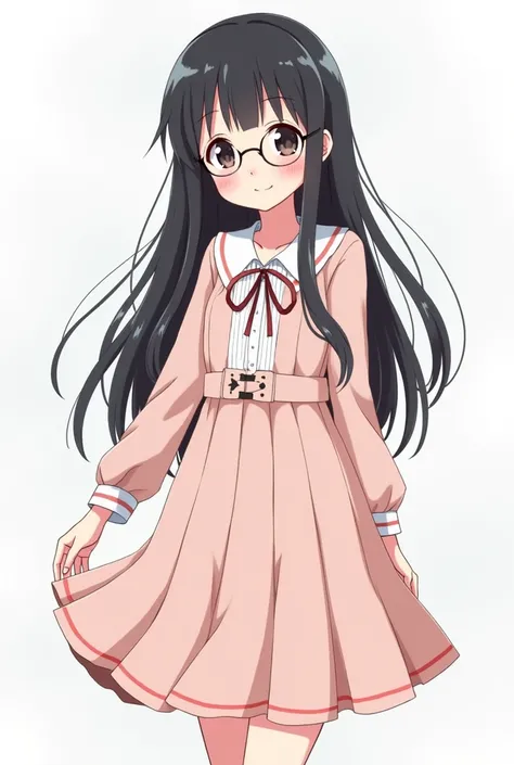 Anime character of a high school girl with long, straight black hair, has black eyes and wears round glasses with a smiling face and wears a full body dress and skirt