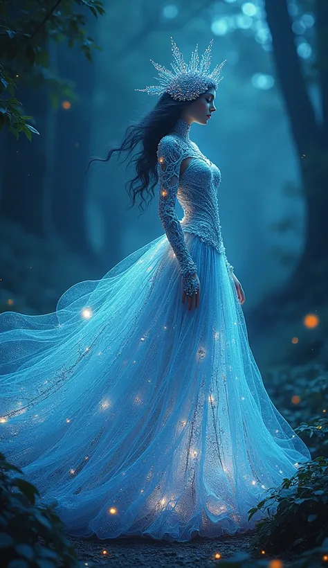 (surreal fractal art:1.3), (Mechanical luminous princess beautiful dress:1.5), (Very detailed, 8k, beautiful epic dramatic scene es una noche profunda, darkness), (realistic photo, Movie lighting, dramatic, Impressive composition), (Cool colors, vibrant, b...