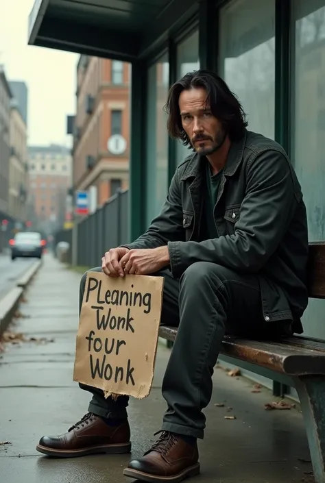 Keanu Reeves sitting on a bench at a bus stop holding a sign that reads,  Need work, Last movie was shit