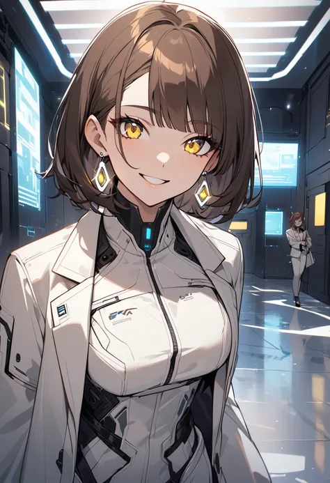 beautiful, Alone, 1 female, mature, short hair, brown hair with bangs, yellow eyes, Cyberpunk White Suit, smile face, Future-oriented, dices, earring, Welcome, foyer