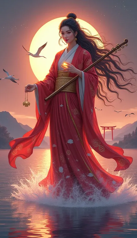 A divine and elegant portrayal of Ichikishimahime-no-Mikoto (Ichikishima Himemei), the goddess of the sea, music, and arts, standing gracefully on the calm, shimmering waters of a sacred lake at twilight. She is adorned in flowing, silk robes of vibrant re...