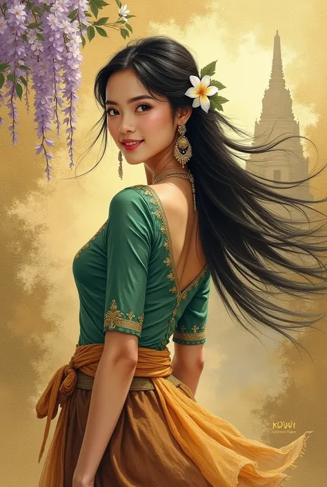 Realistic and magnificent abstract watercolor painting. Intricate details. Light and shadow of Cambodian woman in elegant abstract style. She wears emerald green top embroidered with gold threads and brown-yellow sarong with Khmer motifs. Her long black ha...