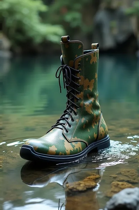 Make a boot that walks on water, recharges with sunlight and has a camouflage design 