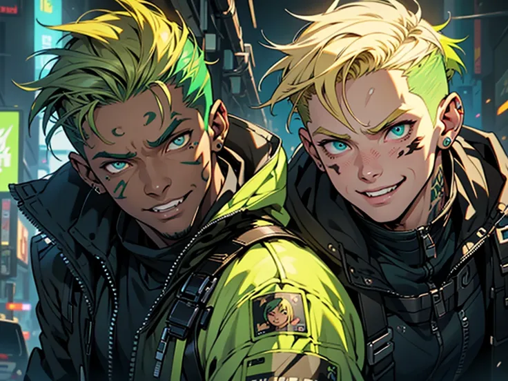 Age 15、Cyberpunk、Brown skin、Two Block、Very short hair、Slicked back、Multicolored Hair、Green Hair、Blonde、Big eyes、(Thick lips)、jacket、Cargo pants、(One Boy)、Fluorescent tattoos、Face close-up、(round face)、smile、Droopy eyes