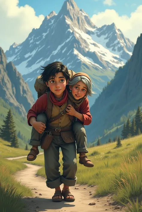 Young farmer piggy back his mom to go to the mountains (animated sad) 