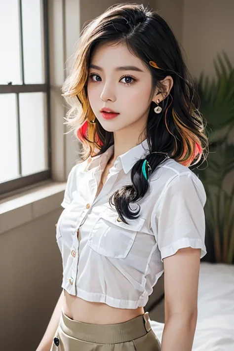 Top quality, RAW Photo, Highest Quality Image, 16K, Full body, Age 22, Realistic, Photorealistic,  Beautiful Asian woman, Sexy, body, White pale skin, ((( Multicolor Hair ))), ((( Short and wavy hairstyle ))), Modern hairstyles, Detailed face, Detailed bod...