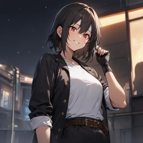 1 girl, , red eyes, black hair, short hair, dark skin, hair down, stars (sky), uniform, sky, smiling, ,,Ultra High Resolution Image Ultra high resolution image, masterpiece, top quality, top quality, top quality black jacket with rolled up sleeves, fingerl...