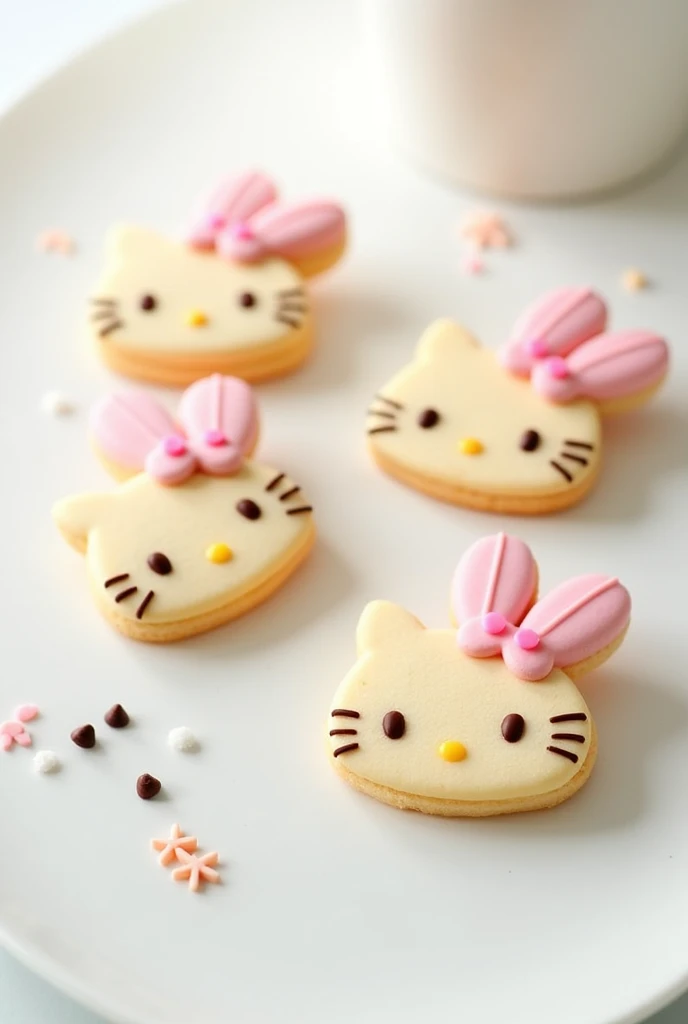 Create an image of cornstarch cookies in the shape of Sanrio characters from Hello Kitty and My Melody 