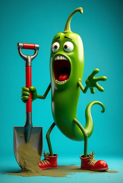 Blue retro with shovel chasing a green hot chili pepper with scared face