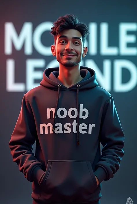 Behind a man "Mobile Legend Bang Bang" is written and this man wearing hoodie where "Noob Master" is written in his chest 