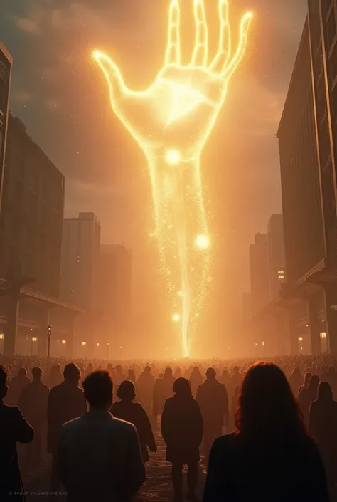 Ultra-realistic image of a glowing, divine hand reaching down from the heavens, gently selecting individuals from a vast crowd on Earth. The crowd looks diverse, with some illuminated by a warm, divine light while others remain in shadow