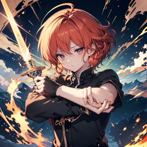 high quality, masterpiece, Delicate hair, Delicate eyes, Delicate hair, ((masterpiece, 最high quality)), male, ハンサムなmale, Sharp golden eyes, short, Messy, Fiery red hair, Medium, Mysterious Appearance, Muscular, I rolled up my sleeves.、Wearing a disheveled ...