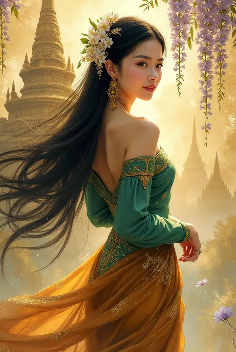 Realistic and magnificent abstract watercolor painting. Intricate details. Light and shadow of Cambodian woman in elegant abstract style. She wears emerald green top embroidered with gold threads and brown-yellow sarong with Khmer motifs. Her long black ha...