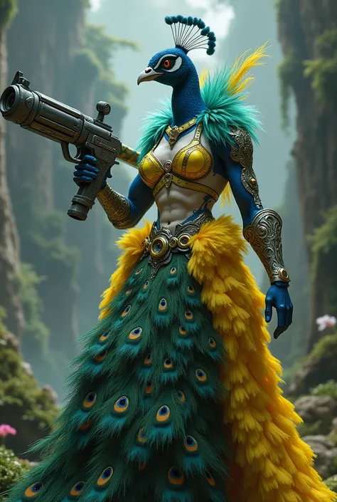 A human-like peacock holding a weapon wearing a yellow bra