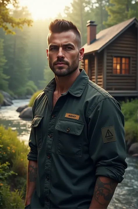 Realistic, handsome 45 years under cut black -brown hair, clear face details hd, wearing dark indigo t-shirt and camo trousers, standing in front of cabin house in the forest, river, morning bright sky, green atmosphere 