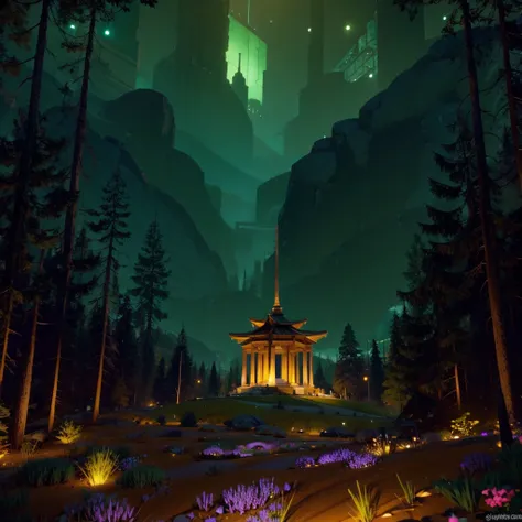 Viewer is high up on a plateu, Night sky, millions of stars, bright stars, epic scene, viewed from high above, lit up city down below, flat land, up close there is a large temple with colossal columns, manmade square lake, reflections is the water, green v...