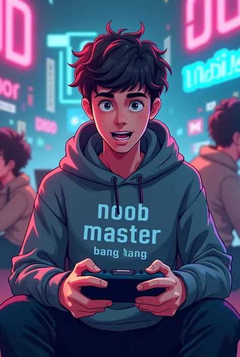 Behind a boy "Mobile Legend Bang Bang" is written and this boy wearing hoodie where "Noob Master" is written in his chest 