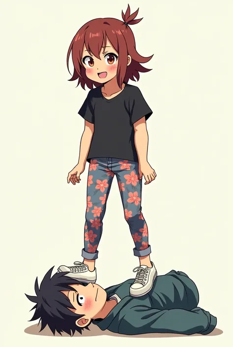 A teenage Anime girl in floral pants and black short sleeve shirt and tennis shoes looks down and laughs at a teenage boy laying on the floor in his Jacket and jeans after she steps on his face