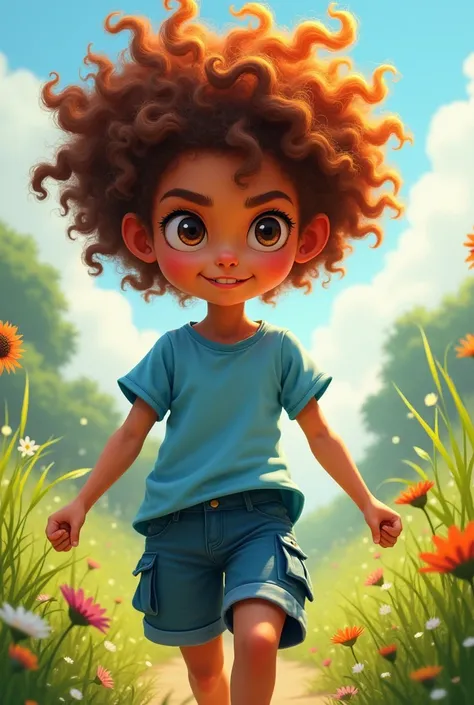 A tomboy with curly hair, blue 