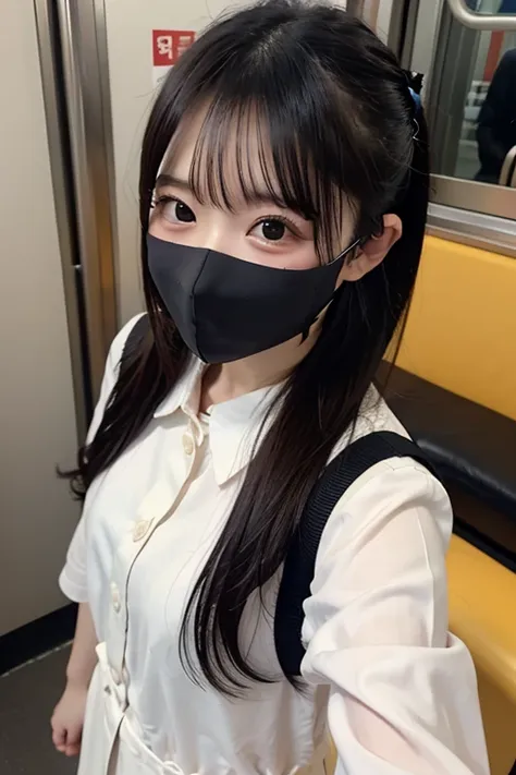 masterpiece、Japanese、1 girl、Standing on the train、Selfie taken from above、cute、happy、Uniform、 Ultra HD, , Slanted Eyes, Wearing a white mask, realism, Surrealism, Both sides up, Low ponytail, 