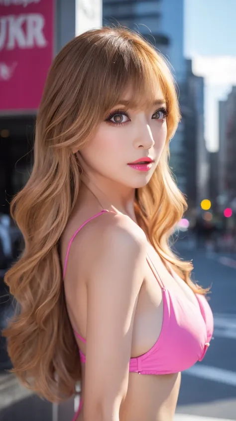 (Best Quality、8k、Award-winning works、Ultra-high resolution)、Beautiful woman、(bikini)、,Saggy breasts,Substantial Breasts，,pale skin,wet skin,Nipples are visible,(blonde:1.1)、Bright color contacts、Perfect Makeup、Bright and shiny lipstick、(Very heavy makeup:1...