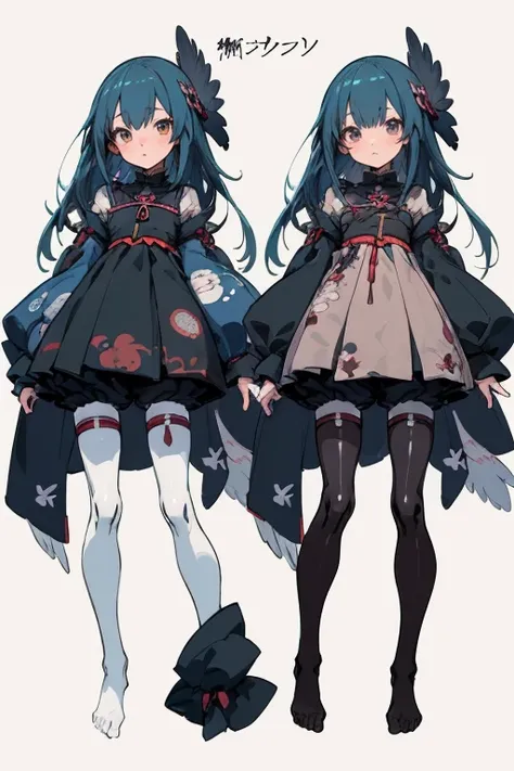 a close up of two anime characters wearing puffy black bloomers, with bodysuit,  witchcore clothes, anime full body illustration, 1  anime dove girl, outfit design, mythical style, full body illustration, full body adoptable, pretty anime character design,...