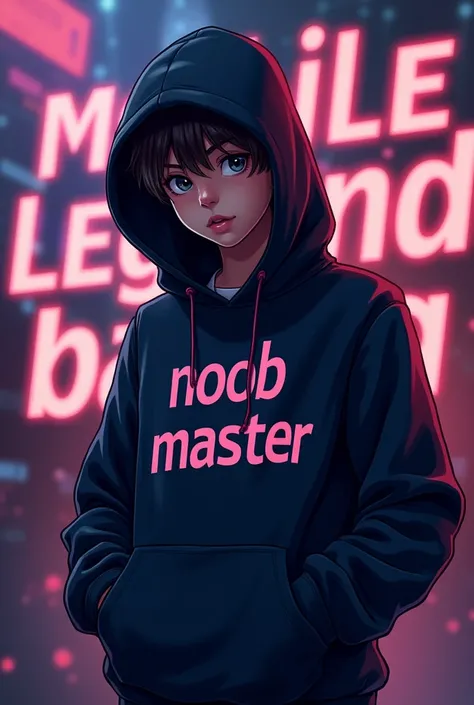 In the background "Mobile Legend Bang Bang"is written and infornt of that a boy wearing black hoodie with "Noob Master" written on his chest