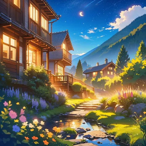 Masterpiece, best quality, high quality, Lovely valley, Brown houses, a small path in the middle, in the swissh alpine, Night, stars and Moon on the sky, Glowing Blue butterflies flying in the air, ambient atmosphere