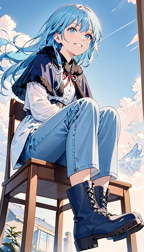 A woman is sitting on a chair,Focus on the feet, Grin， Light blue hair,Long Hair,Rimuru, boots,Navy blue fur cloak,Gloves,2 Foot,White shirt as inner,Denim jeans,Close up of the sole of the shoe,Very low angle,look up,