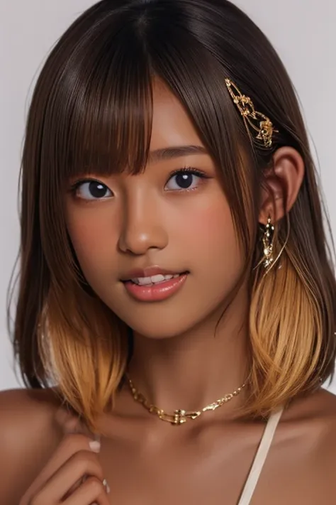 (((( one girl )))), Put your hand over your mouth、Beautiful breasts、 Brown eyes, ((Gal Hairstyles)) blonde, girl, (Eye and facial details:1.0), break, (masterpiece, Highest quality, Very detailed, Detailed face, 8k),( dark skin:2.05 ), (((( idol )))),( ope...