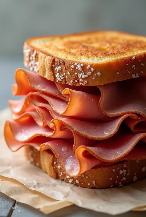 Create a sandwich with lots of ham, realistic image