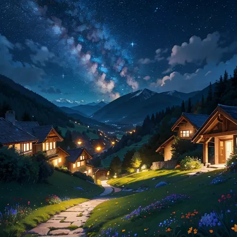 Masterpiece, best quality, high quality, Lovely valley, Brown houses, a small path in the middle, in the swissh alpine, Night, stars and Moon on the sky, Glowing Blue butterflies flying in the air, ambient atmosphere