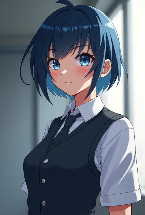 A tomboy with short dark-blue hair, school uniform . Looking brave 