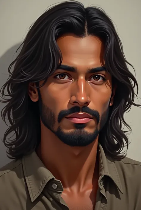 Black (not totally but indian) guy with a mustache and a long flow haircut till shoulder no beard