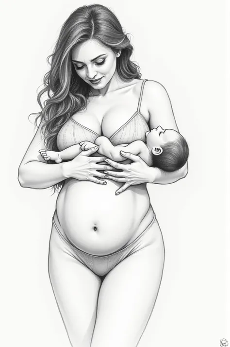 Draw a woman breastfeeding from her tits while masturbating