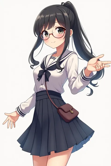 high school girl anime character with ponytail hair, have black eyes and wear round glasses with a thin smile on their face and wear a full body dress and skirt with a pose holding my hand