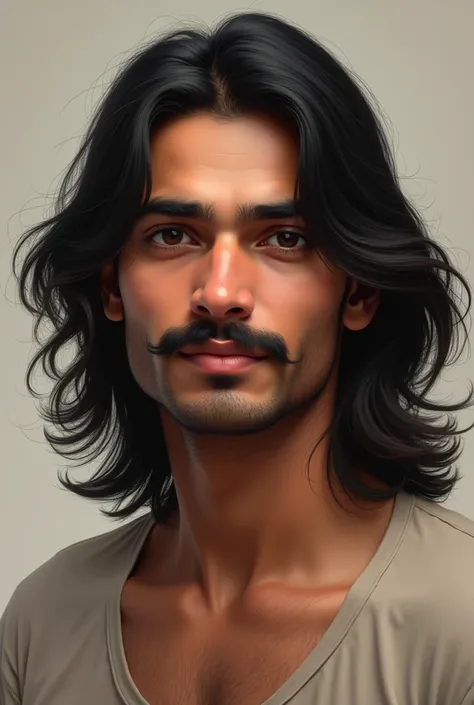 Black (not totally but indian) guy with a mustache and a long flow haircut till shoulder. Zero beard. Remove facial hair except the one above lips