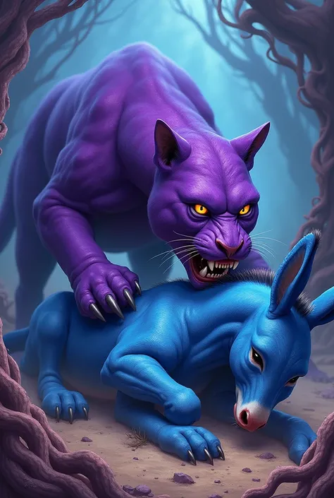 purple puma eating a blue donkey