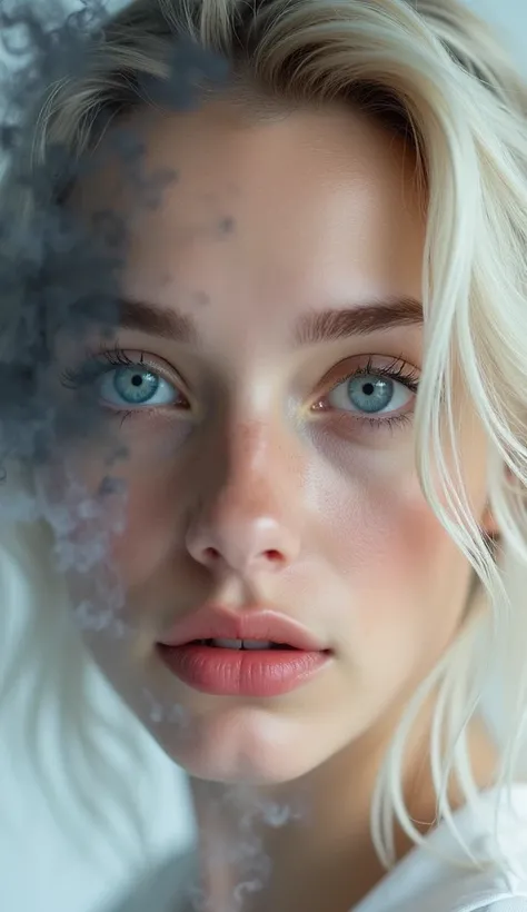 A close-up photographic portrait of a young woman with striking nordic blue eyes, captured from a slightly right angle. Her face is shown in sharp detail, occupying most of the frame. The woman has platinum blond hair, which appears wet and slightly dishev...