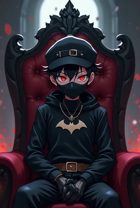 One boy is anime with bat man symbol boys neckless,black cap,black mouth mask only face , sitting in devil king chair in face eye lens is sharingan