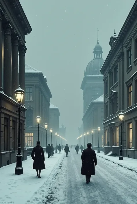 berlin night with snow falling 1930 grayer colors
