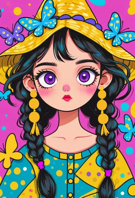 big eyes, serious face, long black braided hair, colorful dress with butterfly patterns, yellow polka dot butterfly-shaped earrings, cute yellow hat with blue triangle detail, cartoon style, simple teal background with pink and purple shapes, playful and w...