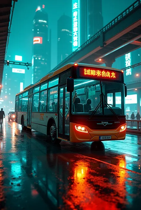 scania bus in cyberpunk neon city with teal and orange neon light and rain