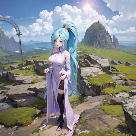 landscape, bluesky, sunlight, {Chrono Trigger Schala}, BREAK, (solo), (1 skinny girl standing:1.2), flying higher than crowds, looking for viewer, arms behind back, blue long hair, large breasts, narrow waist, skinny legs, BREAK, (tight-fit very long purpl...