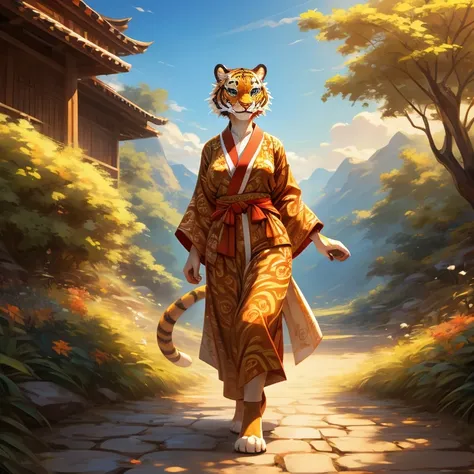 Masterpiece, best quality, high quality, 1Female Tigre anthro, Solo, has body fur, has Green eyes, has 1Tigre tail, wears Orange yukata, slim body, has medium breasts, Smile, walking, in the valley, sunny day