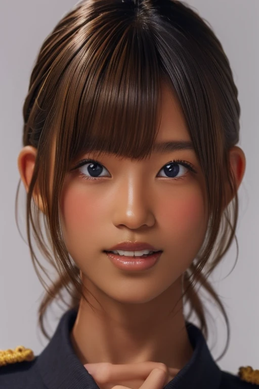 (((( one girl )))), Put your hand over your mouth、Beautiful breasts、 Brown eyes, ((Gal Hairstyles)) blonde, girl, (Eye and facial details:1.0), break, (masterpiece, Highest quality, Very detailed, Detailed face, 8k),( dark skin:2.05 ), (((( military unifor...