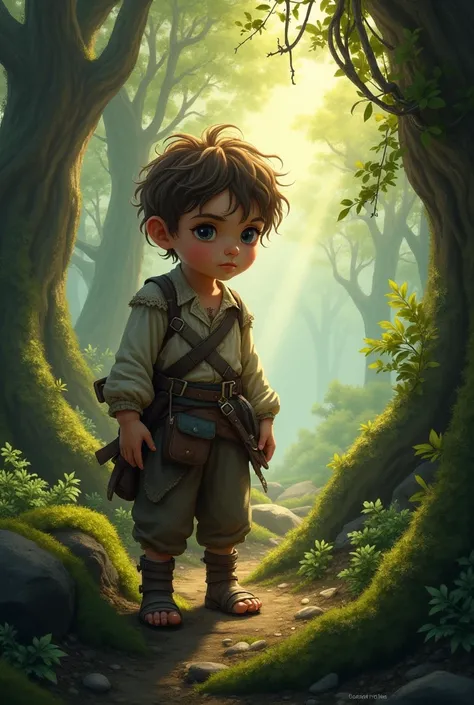 Boy with brown hair, poor, in forest kid in the 1600