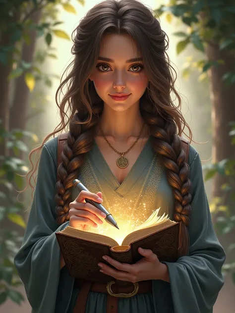 A beautiful smiling 20 year old girl with black eyes long brown hairs woven in braids cascading down her back, holding a magical book (Titled- Pens Portal) and an intricate silver magical pen in her hand.