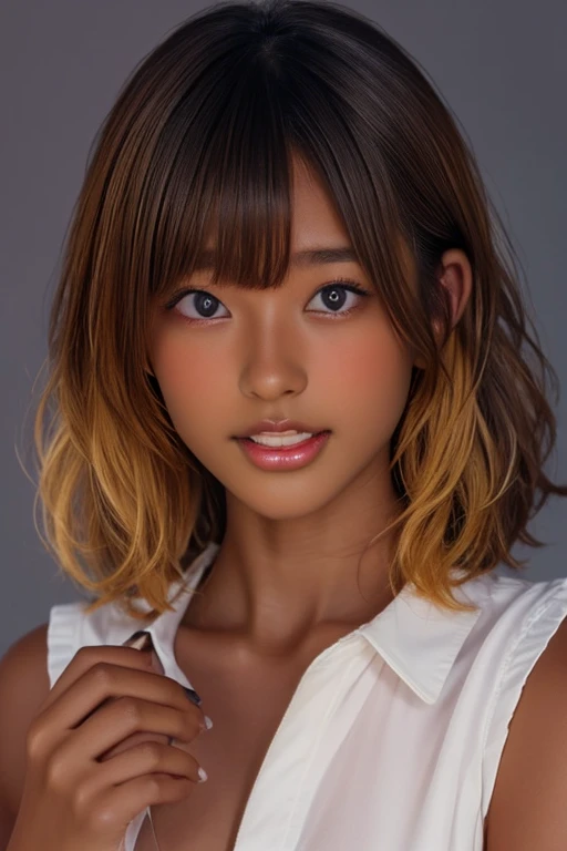 (((( one girl )))), Put your hand over your mouth、Beautiful breasts、 Brown eyes, ((Gal Hairstyles)) blonde, girl, (Eye and facial details:1.0), break, (masterpiece, Highest quality, Very detailed, Detailed face, 8k),( dark skin:2.05 ), (((( idol )))),( ope...